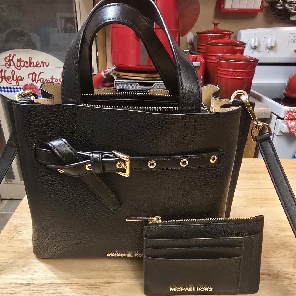 Michael Kors Black Emilia Satchel with Gold Accents and card holder wallet